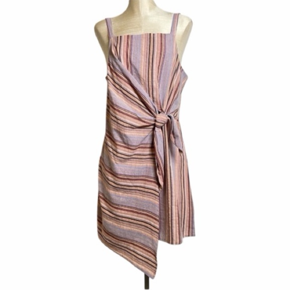 Pinch Tie Front Sleeveless Mini Summer Dress in Multi Purple Stripes Size Large